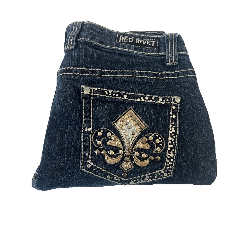 Y2K Red Rivet Skinny Jeans‎ Women's Sz 11 Dark Wash Bling Embellished